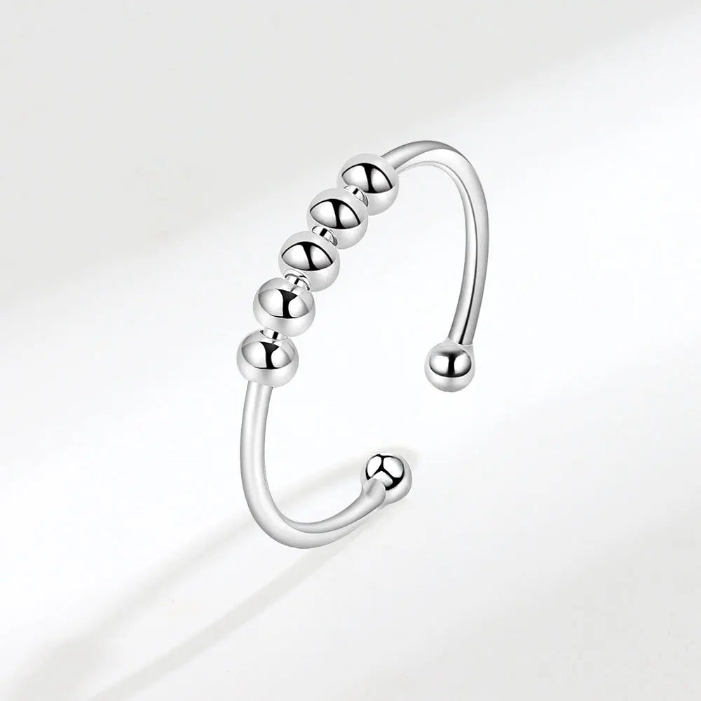 F.I.N.S 925 Sterling Silver Glossy Fidget Beaded Open Ring for Women - Freely Rotating Anti-Stress and Anxiety Relief