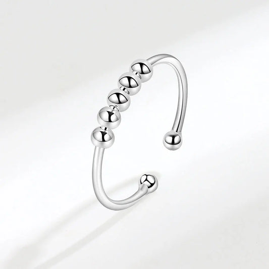 F.I.N.S 925 Sterling Silver Glossy Fidget Beaded Open Ring for Women - Freely Rotating Anti-Stress and Anxiety Relief