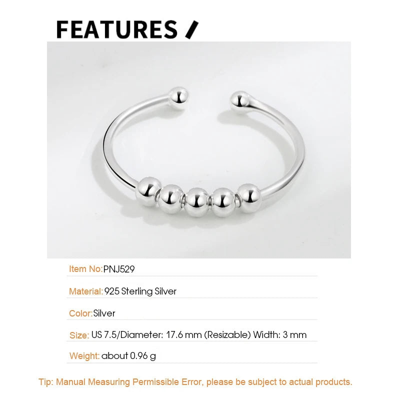 F.I.N.S 925 Sterling Silver Glossy Fidget Beaded Open Ring for Women - Freely Rotating Anti-Stress and Anxiety Relief