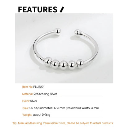F.I.N.S 925 Sterling Silver Glossy Fidget Beaded Open Ring for Women - Freely Rotating Anti-Stress and Anxiety Relief