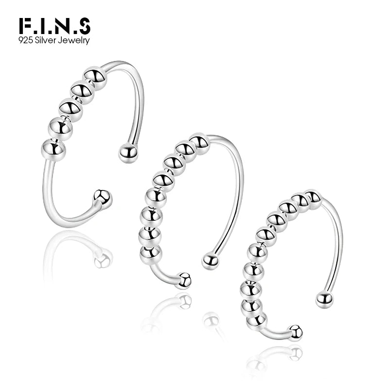 F.I.N.S 925 Sterling Silver Glossy Fidget Beaded Open Ring for Women - Freely Rotating Anti-Stress and Anxiety Relief