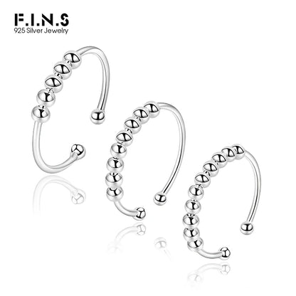 F.I.N.S 925 Sterling Silver Glossy Fidget Beaded Open Ring for Women - Freely Rotating Anti-Stress and Anxiety Relief