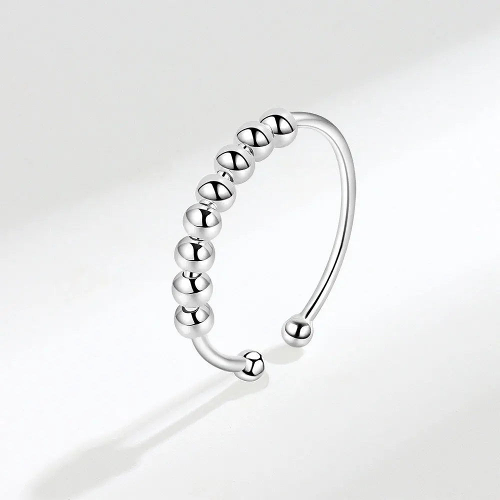 F.I.N.S 925 Sterling Silver Glossy Fidget Beaded Open Ring for Women - Freely Rotating Anti-Stress and Anxiety Relief