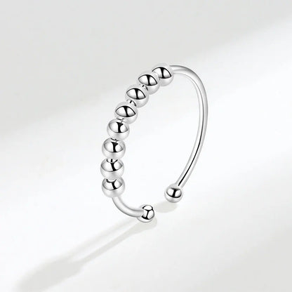 F.I.N.S 925 Sterling Silver Glossy Fidget Beaded Open Ring for Women - Freely Rotating Anti-Stress and Anxiety Relief