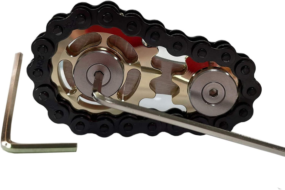 Stainless Steel Sprocket Fidget Cube with Chain Gears - Kinetic Desk Toy for Focus and Meditation (Gold and Black)