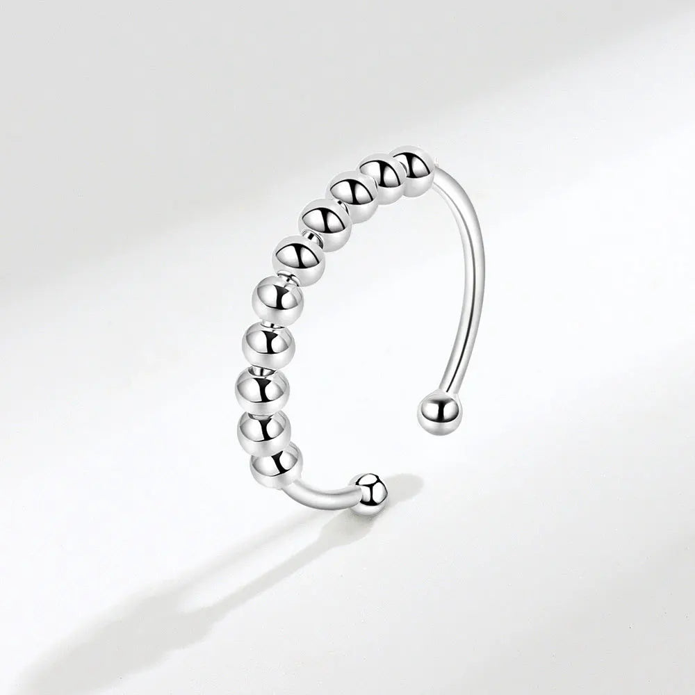 F.I.N.S 925 Sterling Silver Glossy Fidget Beaded Open Ring for Women - Freely Rotating Anti-Stress and Anxiety Relief