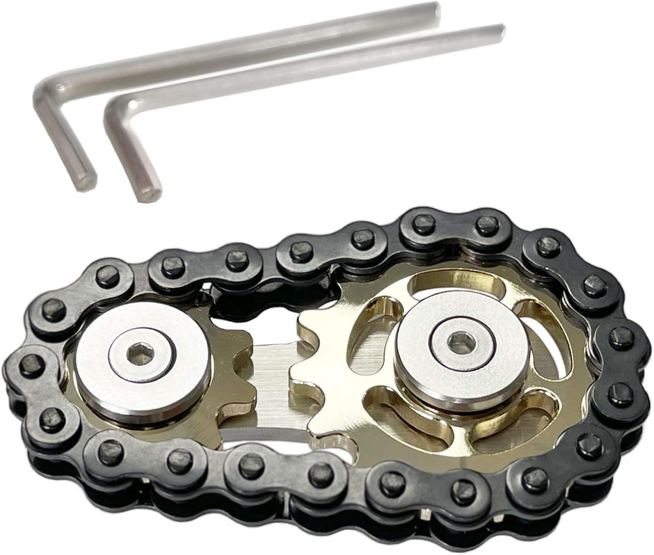 Stainless Steel Sprocket Fidget Cube with Chain Gears - Kinetic Desk Toy for Focus and Meditation (Gold and Black)