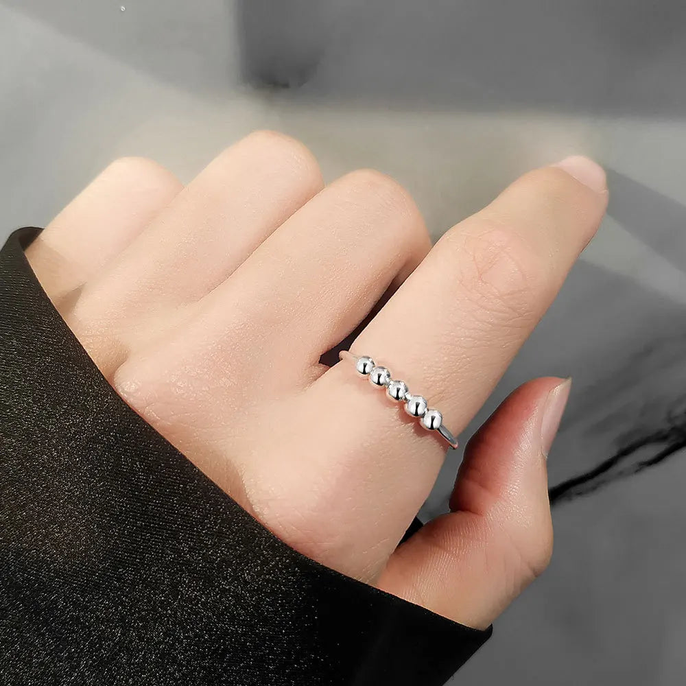 F.I.N.S 925 Sterling Silver Glossy Fidget Beaded Open Ring for Women - Freely Rotating Anti-Stress and Anxiety Relief