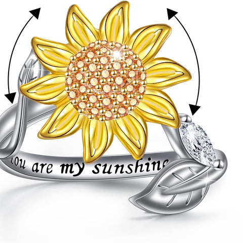 Sterling Silver Spinner Sunflower Ring - "You Are My Sunshine" Anxiety Relief Fidget Ring for Women