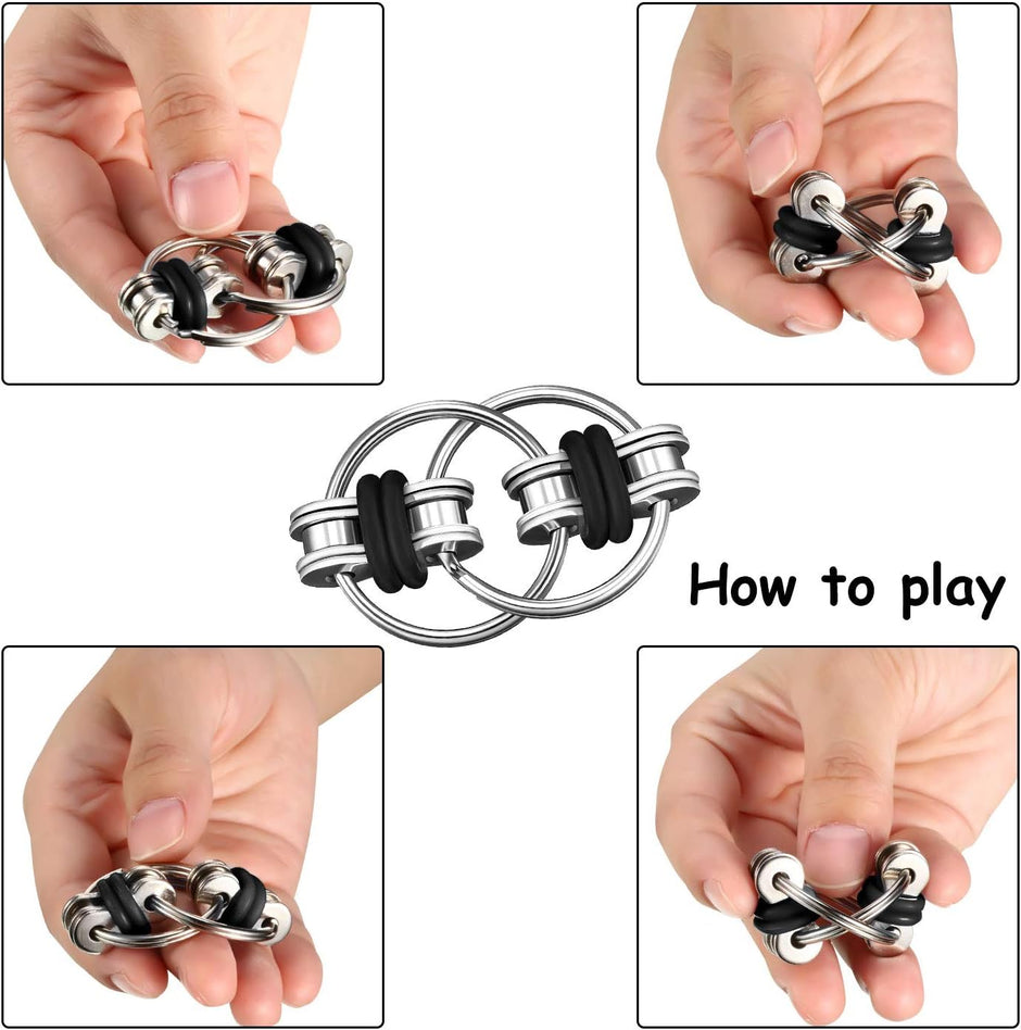 Fidget Toy Set: Six Roller Chain Fidget and Key Flippy Chain Stress Relievers for Autism and Anxiety Management (Black)
